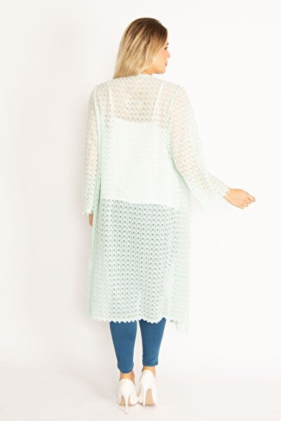 Şans Women's Large Size Green Lace Long Cardigan 65n28347