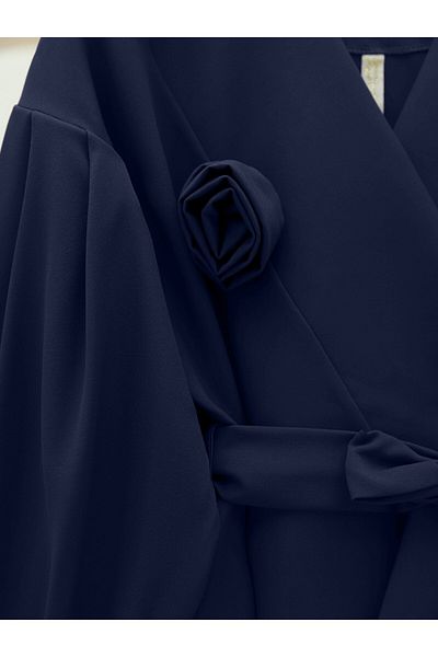 Modamorfo Cross Collar Rose Detailed Belted Double Suit - Navy