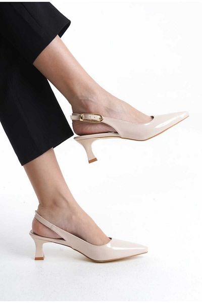 JVC Women Beige Patent Leather Open Back Low Heel Stiletto