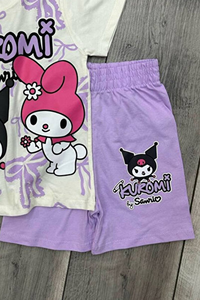eQru Store Kuromi Printed White T-Shirt and Lilac Color Shorts Set for Girls