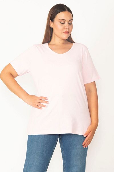 Şans Women's Plus Size Pink V-Neck Oversize Basic T-Shirt 65n27096