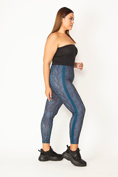 Şans Kadın Büyük Beden Petrol Yan Şeritli Desenli Tayt Pantolon 65n27937