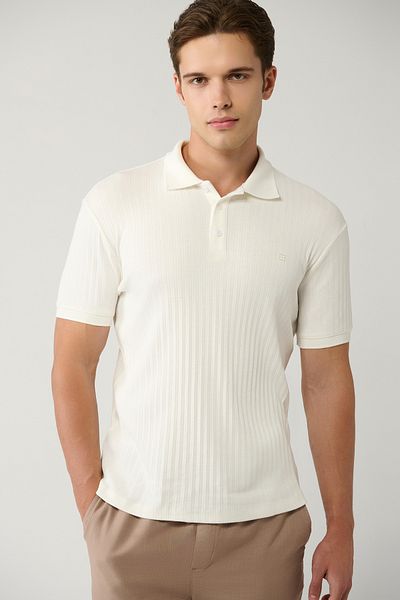 Avva Men's White Jacquard Polo Neck T-Shirt - 100% Cotton, 3 Buttons, A41Y1354