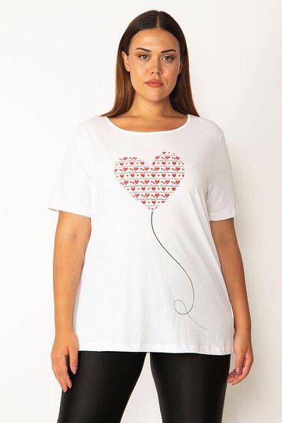 Şans Women's Large Size White Cotton Fabric Heart Printed Blouse 65n28156