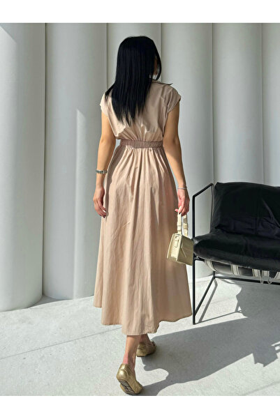 Bak'ap Trend Design Elastic Waist Zipper Detailed Maxi Length Zero Sleeve Dress