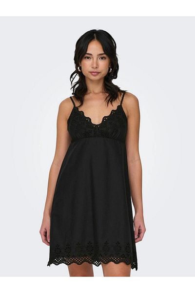 ONLY Onllou Life Broderie Anglaise Detail Black V-Neck Organic Cotton Dress