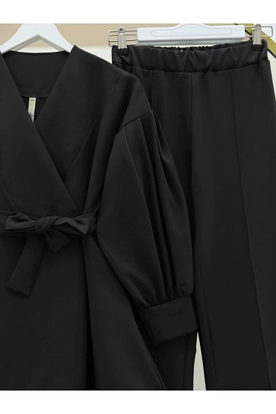 Modamorfo Cross Collar Rose Detailed Belted Double Suit -Black