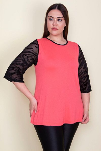 Şans Women's Large Size Pomegranate Sleeves Flocked Tulle Detailed Viscose Blouse 65n25580