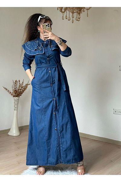 AZRA BUTİK Τζιν φόρεμα Princess Collar Σκούρο Μπλε