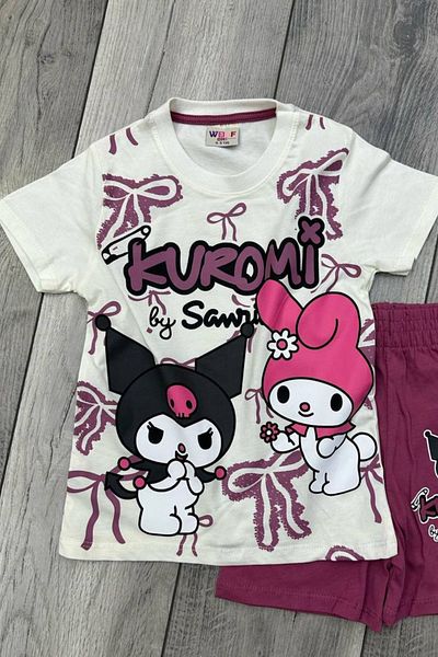 eQru Store Kuromi Printed White T-Shirt and Plum Colored Shorts Girl's Suit