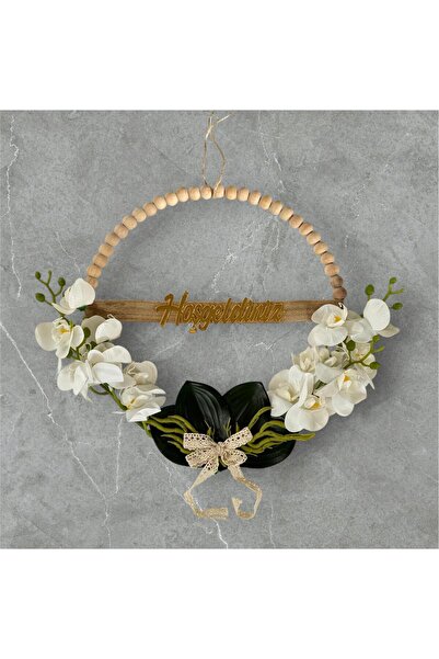 MACROMEKİDS Στολίδι εξωτερικής πόρτας με λουλούδια ορχιδέας με μεταλλική τροχαλία 30 εκ. – Διακόσμηση σπιτιού και δώρο με επιστολή καλωσορίσματος