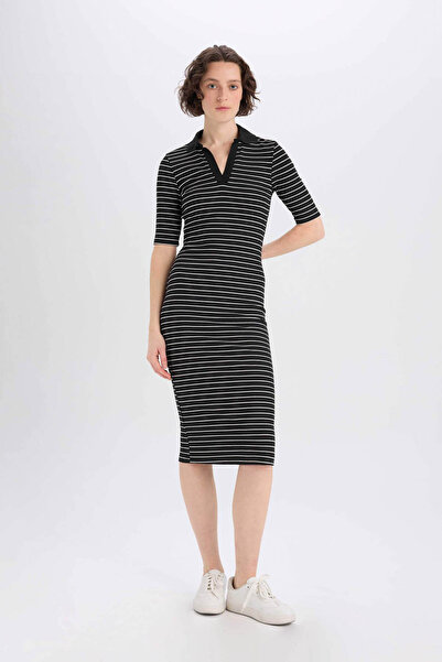 DeFacto Figurbetontes, körperbetontes, kurzärmliges Midikleid mit Polokragen ...