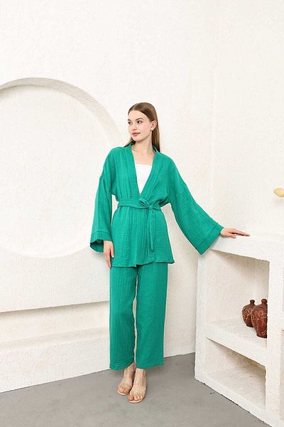 COTTOWOO 100% Cotton Muslin Short Kimono Attached Sleeve Straight Leg Trousers Set of 2