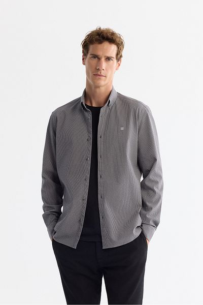 Avva Men's Gray Button-Down Collar Easy-To-Iron Striped Shirt A42Y2098
