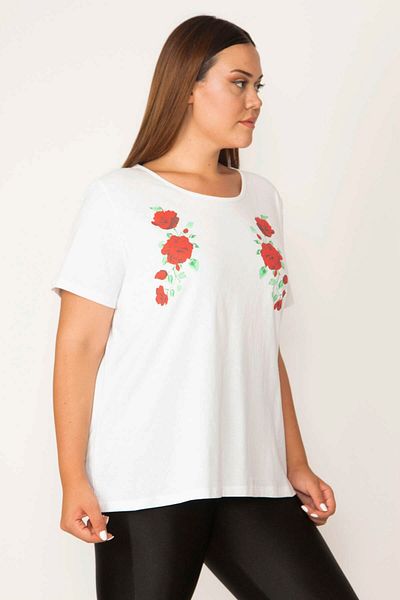 Şans Women's Large Size White Cotton Fabric Collar Lace Short Sleeve Blouse 65n27659