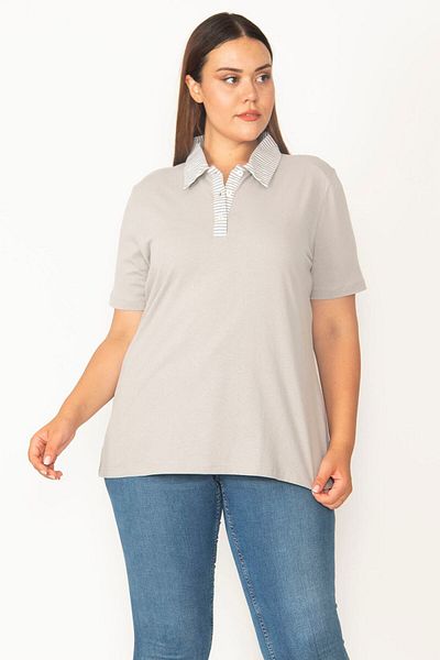 Şans Women's Large Size Gray Cotton Fabric Polo Collar Buttoned Blouse 65n27322