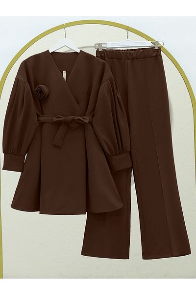 Modamorfo Cross Collar Rose Detailed Belted Double Suit - Brown