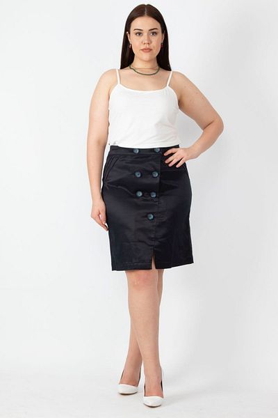 Şans Women's Large Size Navy Blue Diagonal Satin Fabric Button Detailed Back Waist Elastic Skirt 65n16670