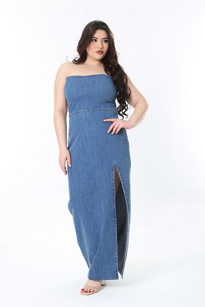 Şans Large Size Blue Slit Strapless Denim Dress Men's Shoes Gx9688
