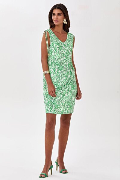 İKİLER Omuzları Büzgülü Bağcıklı Kolsuz Elbise 025-2512