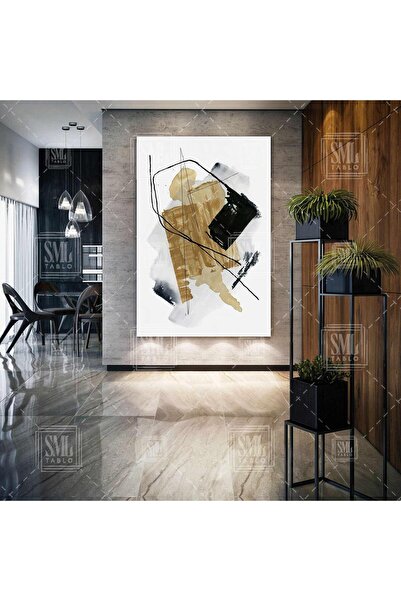 SML TABLO Gold Siyah Abstract Geometrik Şekiller Modern Lüks Dikey Kanvas Tablo