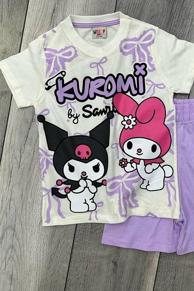 eQru Store Kuromi Printed White T-Shirt and Lilac Color Shorts Set for Girls