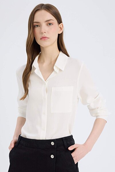 DeFacto Regular Fit Basic Solid Button Long Sleeve Off White Women's Shirt N2...