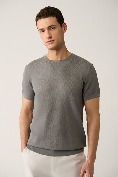 Avva Men's Anthracite Crew Neck Textured Cotton Knitwear T-Shirt E 005027