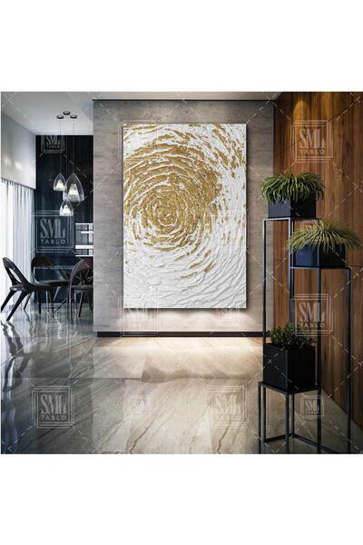 SML TABLO Altın Efektli Beyaz Yaprak Gold Dekoratif Modern Dikey Kanvas Tablo