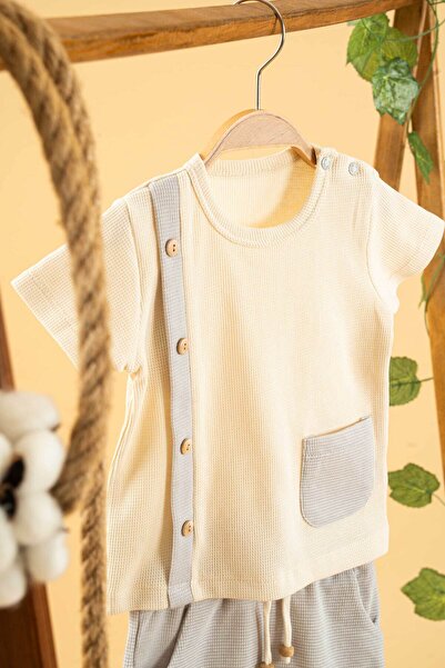 bombe Kız Erkek Bebek Çocuk Gri 2'li Şortlu Takım Natural Pamuklu Alt Üst Takım