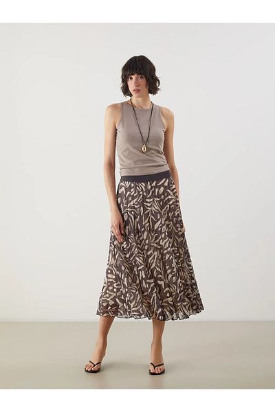 LC Waikiki Lcw Vision Brown Patterned Pleated Skirt with Elastic Waist