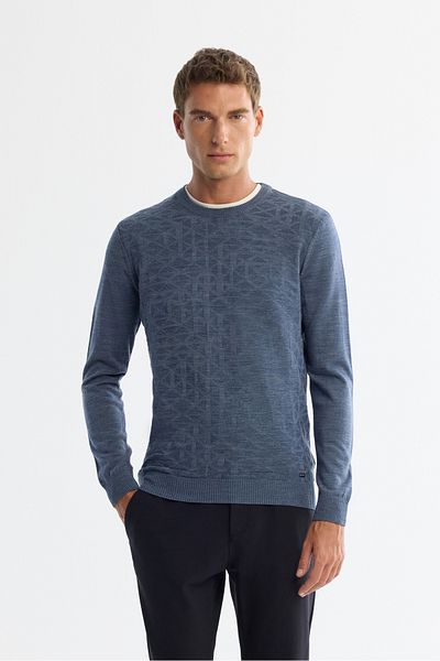 Avva Men's Indigo Crew Neck Textured Knitwear Sweater E 005110