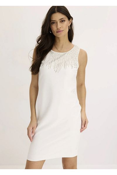 Şans Women Plus Size White, Front Back Stone Detail, Crew Neck Sleeveless Evening Dress 65N38942