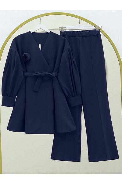 Modamorfo Cross Collar Rose Detailed Belted Double Suit - Navy