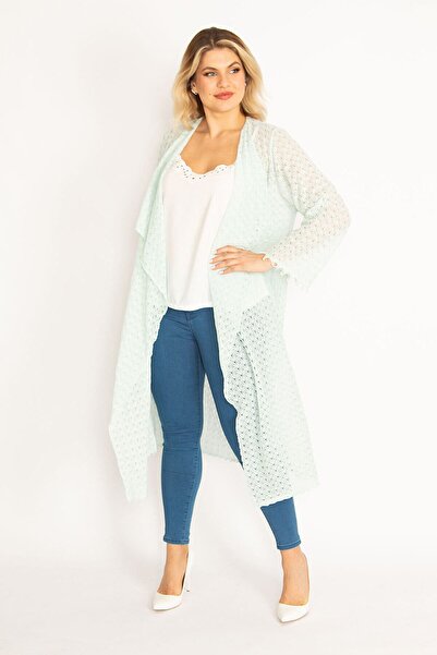 Şans Women's Large Size Green Lace Long Cardigan 65n28347