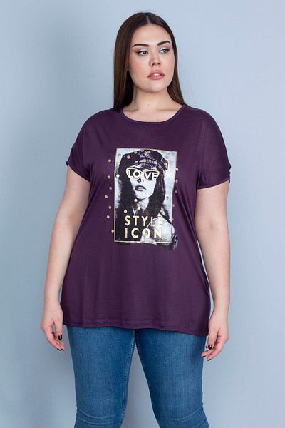 Şans Women's Large Size Plum Lacquer Printed Low Sleeve Blouse 65n22983