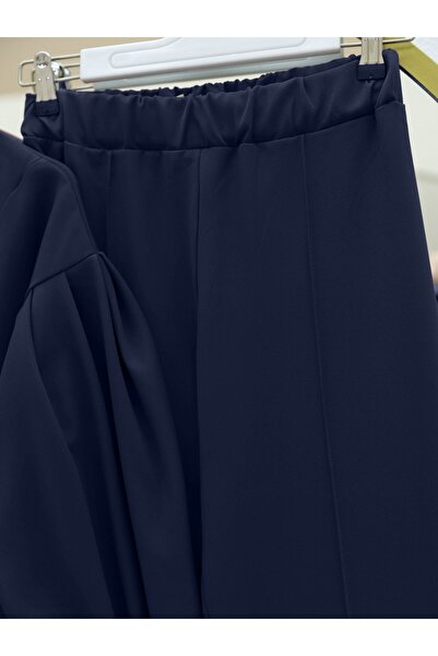 Modamorfo Cross Collar Rose Detailed Belted Double Suit - Navy