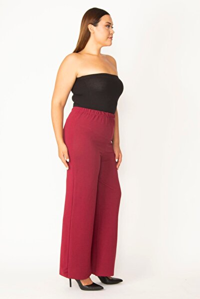 Şans Women's Large Size Burgundy Self-Striped Fabric Waist Elastic Tube Leg Trousers 65n27809