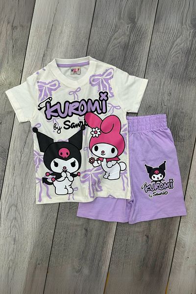 eQru Store Kuromi Printed White T-Shirt and Lilac Color Shorts Set for Girls