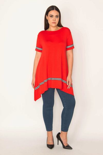 Şans Women's Large Size Red Stripe Detailed Asymmertic Tunic 65n23133