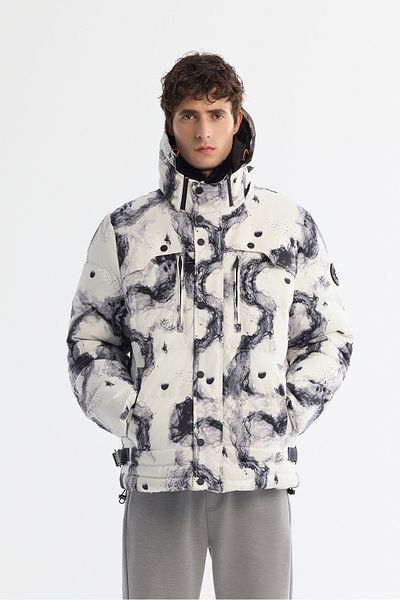 Avva Men's Black-White Hooded Ski Coat - Water Repellent, Windproof, Fur Detail A42Y6088