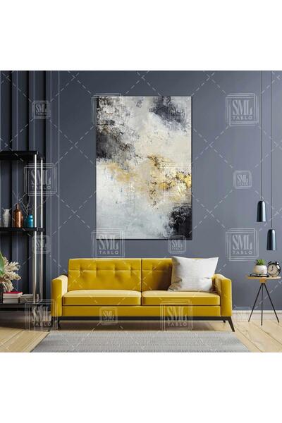 SML TABLO Soyut Siyah Gold Mermer Altın Lüks Dekor Dikey Kanvas Tablo
