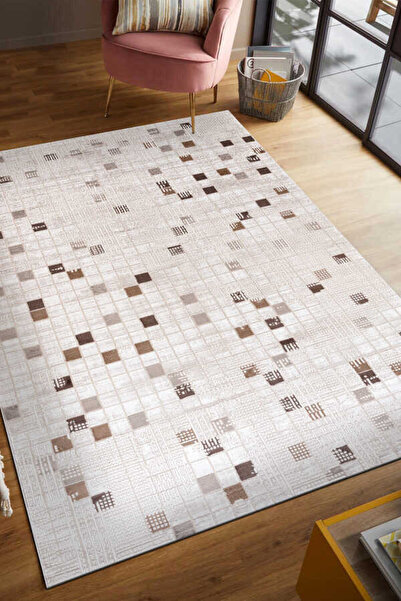 PUKA Bonita Kahverengi Beyaz Halı Yumuşak Oturma Odası Salon Çocuk Odası Mutf...