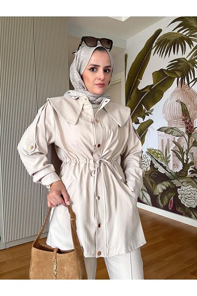 Aselim Hijap Moda Εισαγόμενο βαμβακερό ύφασμα με φερμουάρ, μπουφάν, επωμίδα και γιακά, μπεζ