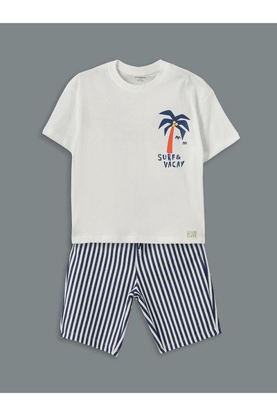 LC Waikiki Lcw Kids Ekru Crew Neck Printed Boys T-Shirt and Shorts Pack of 2