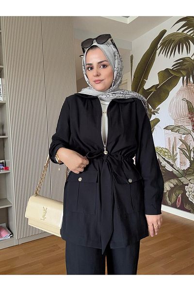 Aselim Hijap Moda Εισαγόμενο βαμβακερό ύφασμα με φερμουάρ Jacket Liya Suit Black