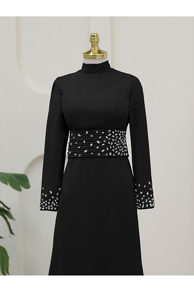 HİJABAYA Corset Belted Stone Satin Evening Dress