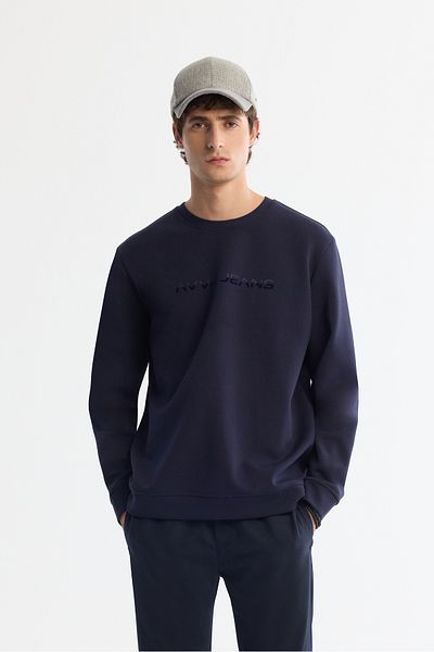 Avva Ανδρικό φούτερ με λαιμόκοψη Navy Blue, βαμβακερό εμπριμέ ελαστάν A42y1221