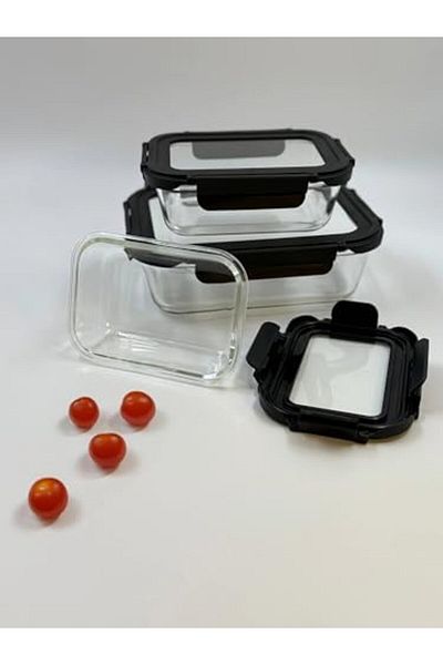 STOREMAX Elz Set of 3 Glass Storage Containers with Gaskets – 370 Ml, 600 ml and 1500 ml – Leakproof Locking Lid