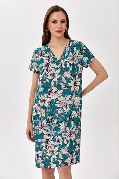 İKİLER V Yaka Yakası Nervürlü Desenli Elbise 025-4040